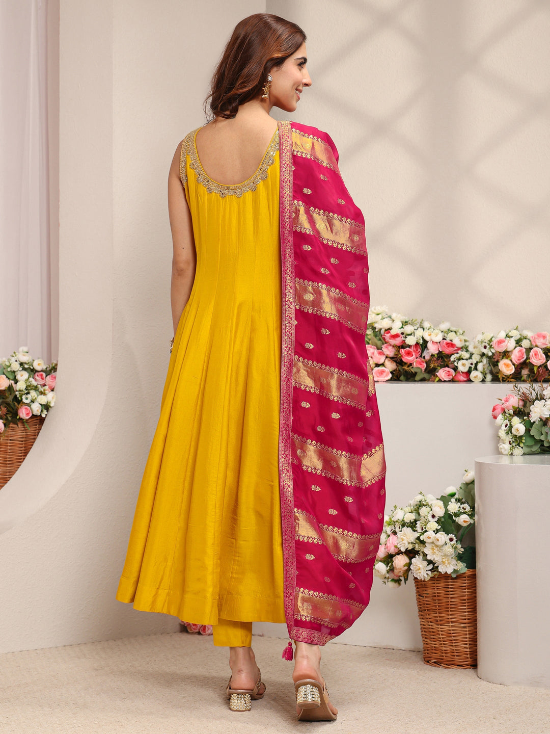 Libas Art Mustard Woven Design Silk Blend A-Line Suit Set With Contrast Dupatta