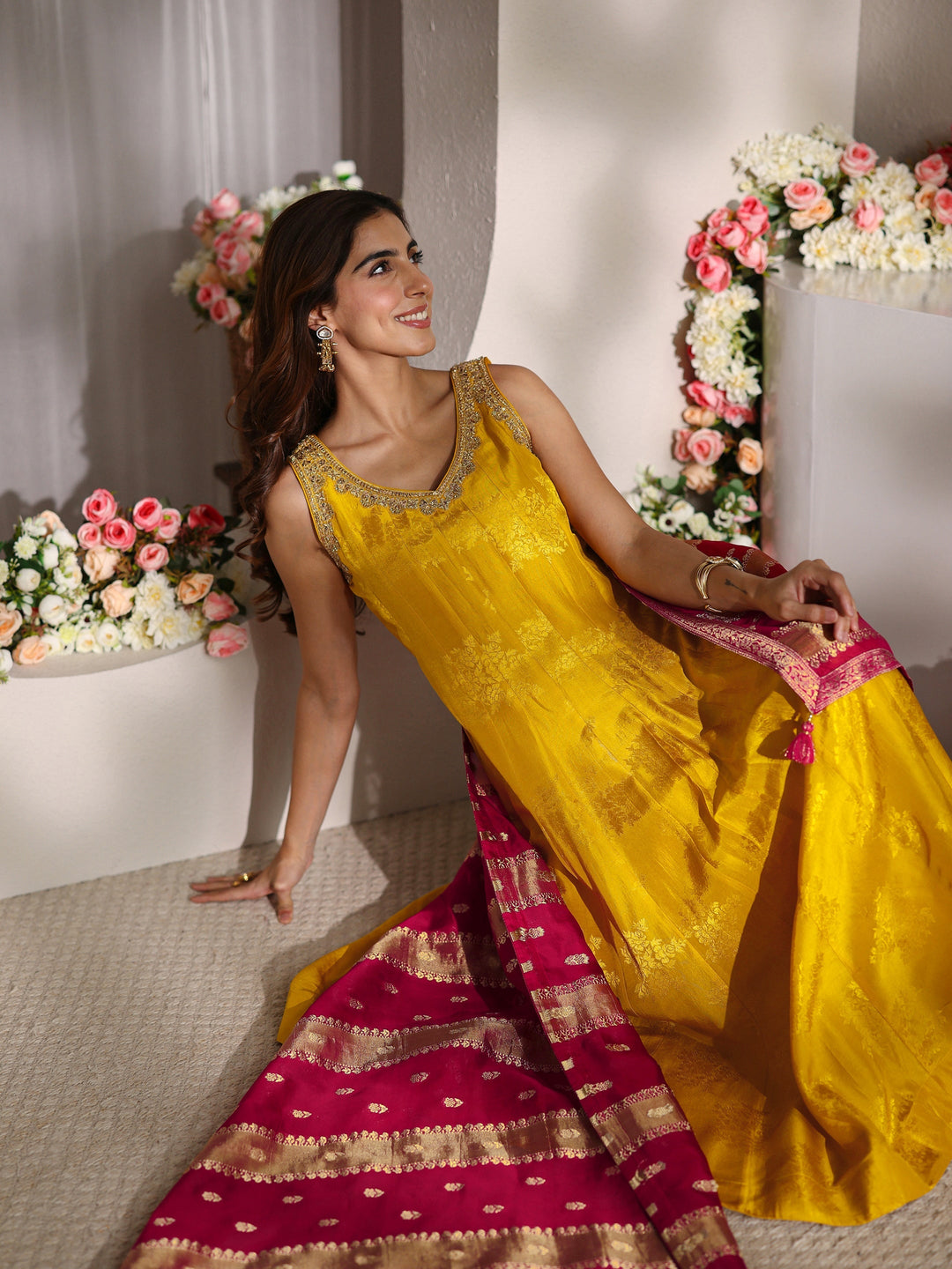 Libas Art Mustard Woven Design Silk Blend A-Line Suit Set With Contrast Dupatta