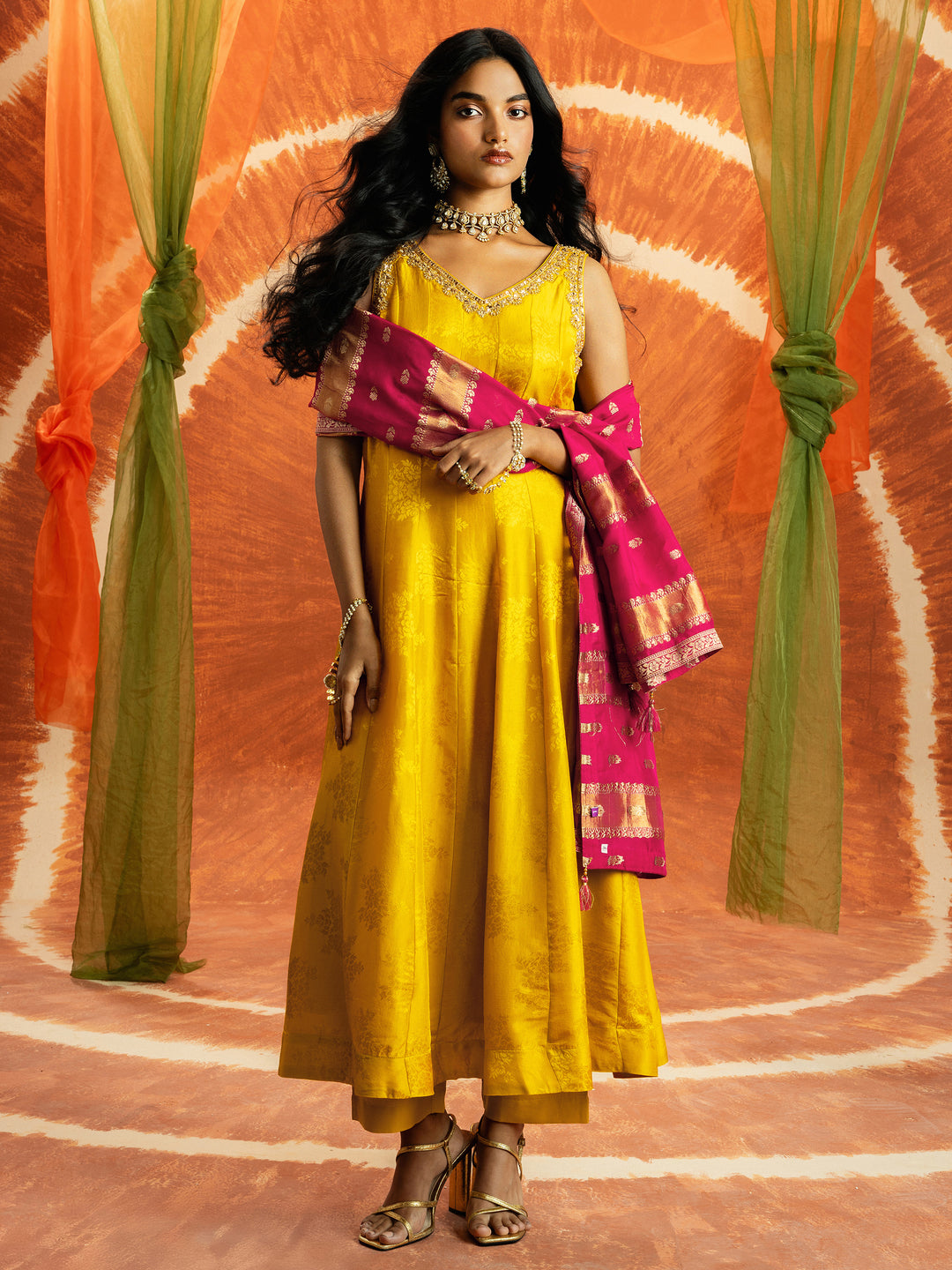 Libas Art Vani Mustard Woven Design Silk Blend A-Line Suit Set With Contrast Dupatta
