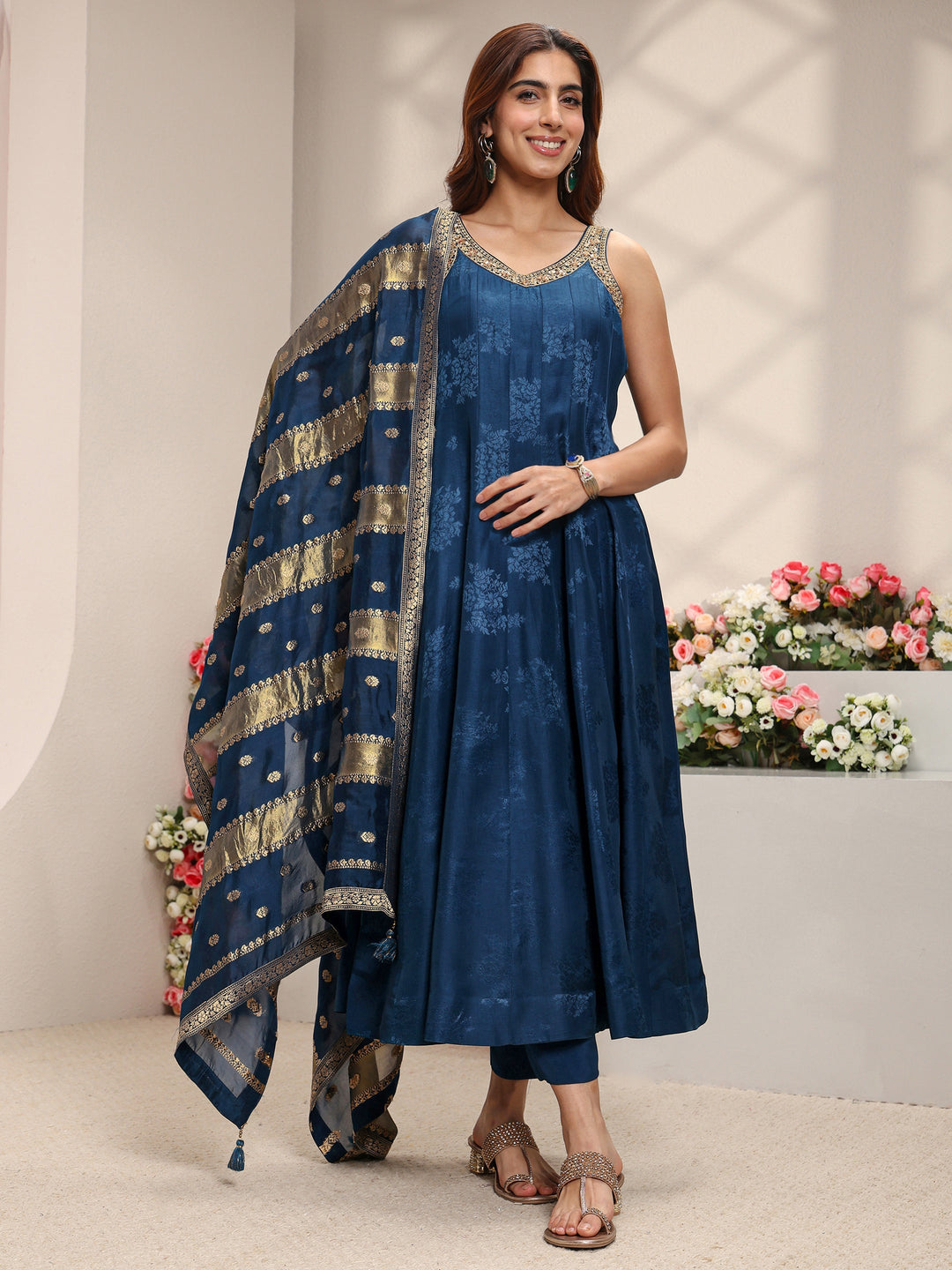 Libas Art Navy Blue Woven Design Silk Blend A-Line Suit Set With Dupatta