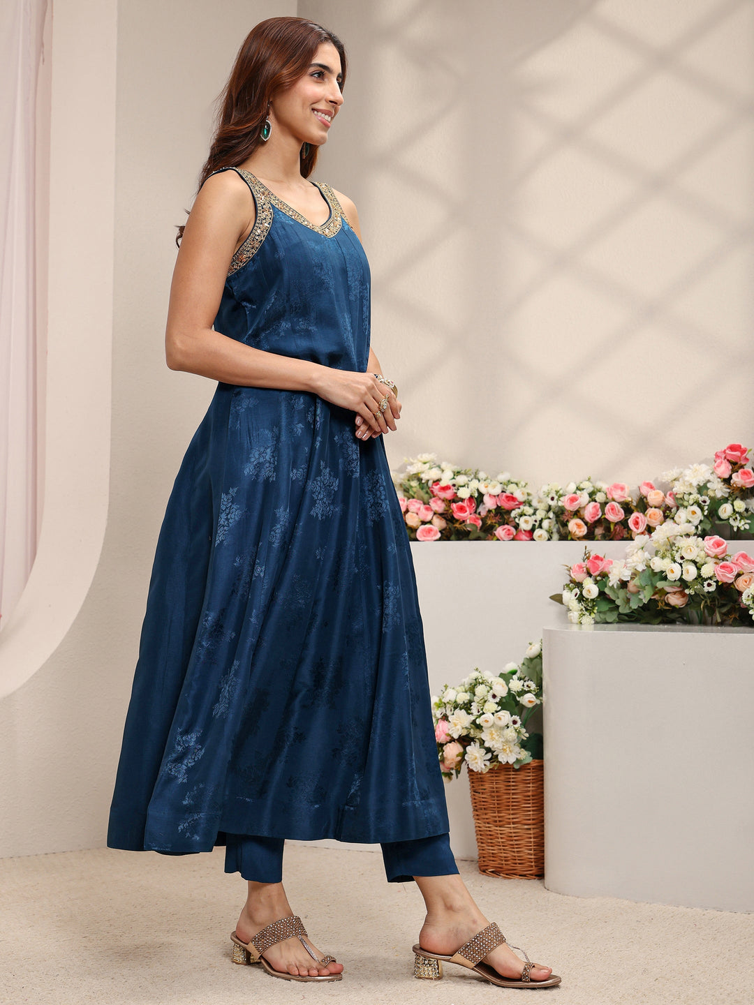 Libas Art Navy Blue Woven Design Silk Blend A-Line Suit Set With Dupatta