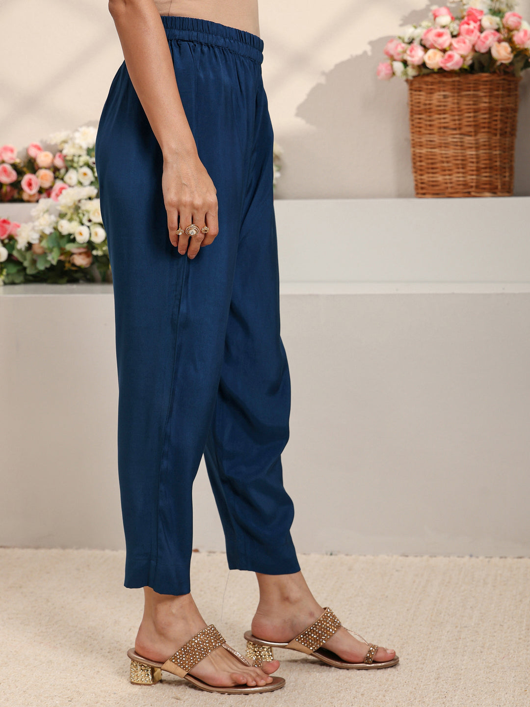 Libas Art Navy Blue Woven Design Silk Blend A-Line Suit Set With Dupatta