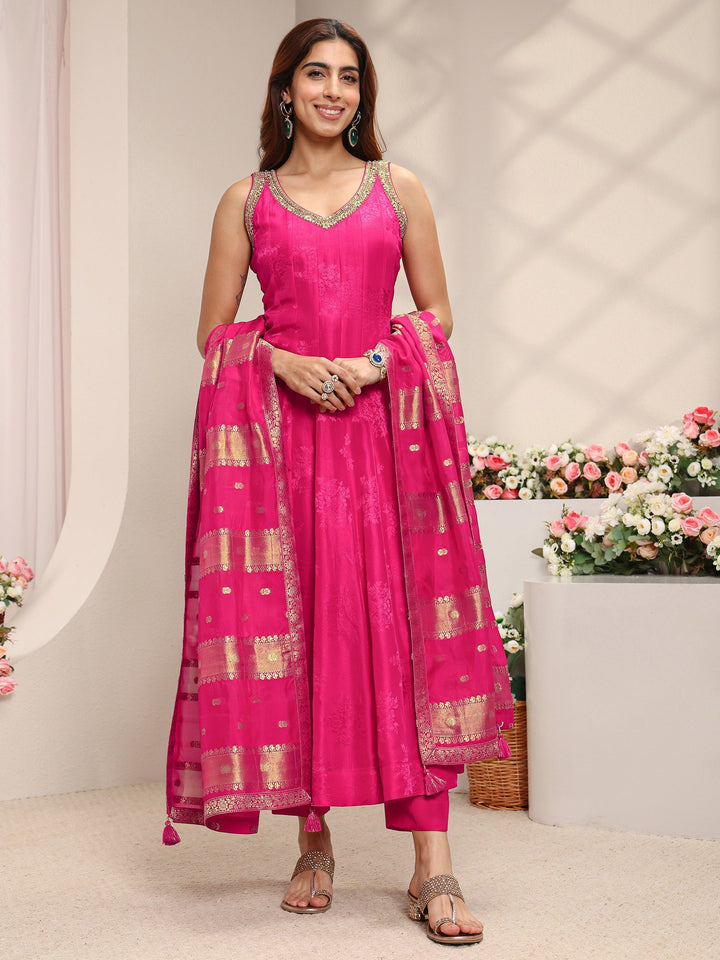 Libas Art Pink Woven Design Silk Blend A-Line Suit Set With Dupatta