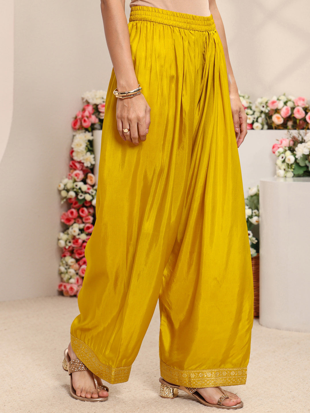Mustard Floral Woven Design Silk Blend Straight Suit Set With Dupatta