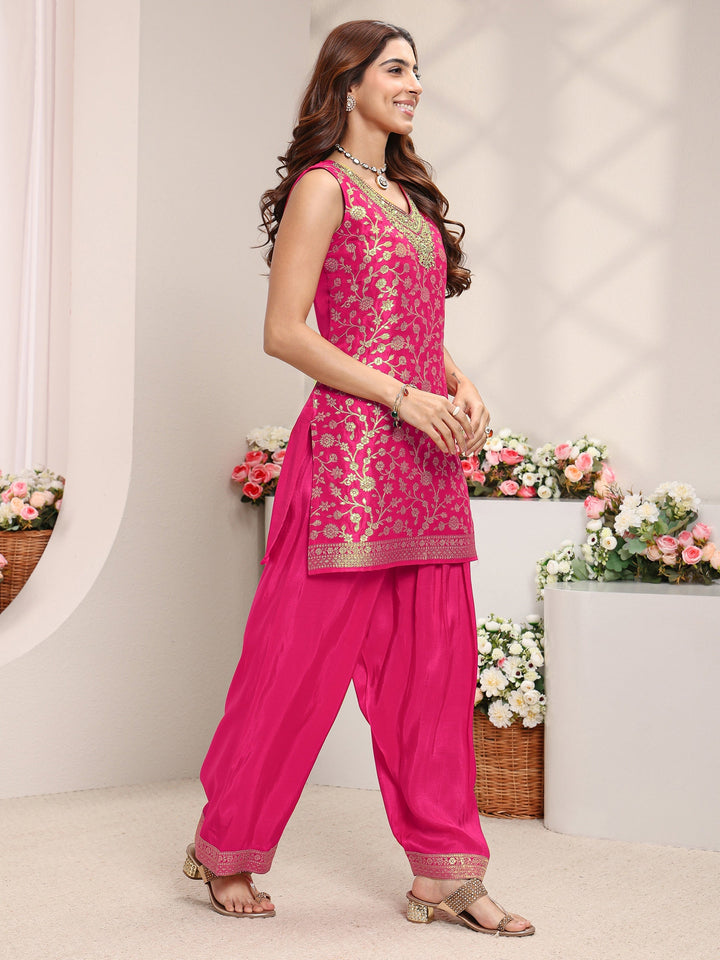 Pink Floral Woven Design Silk Blend Straight Suit Set With Dupatta
