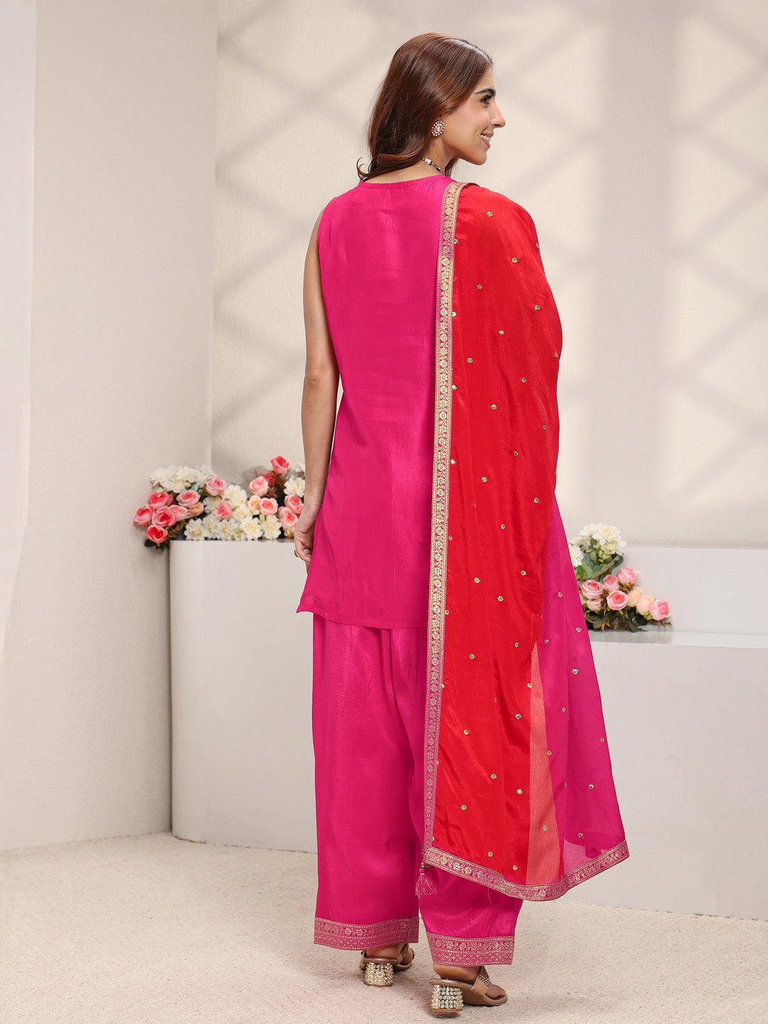 Pink Floral Woven Design Silk Blend Straight Suit Set With Dupatta