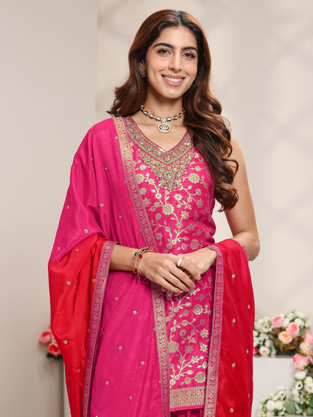 Pink Floral Woven Design Silk Blend Straight Suit Set With Dupatta