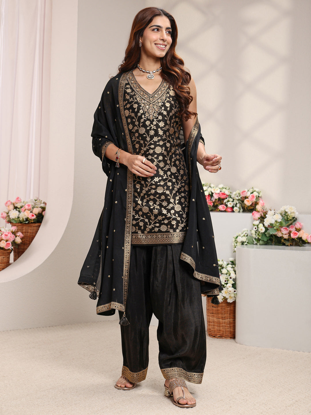 Black Floral Woven Design Silk Blend Straight Suit Set With Dupatta