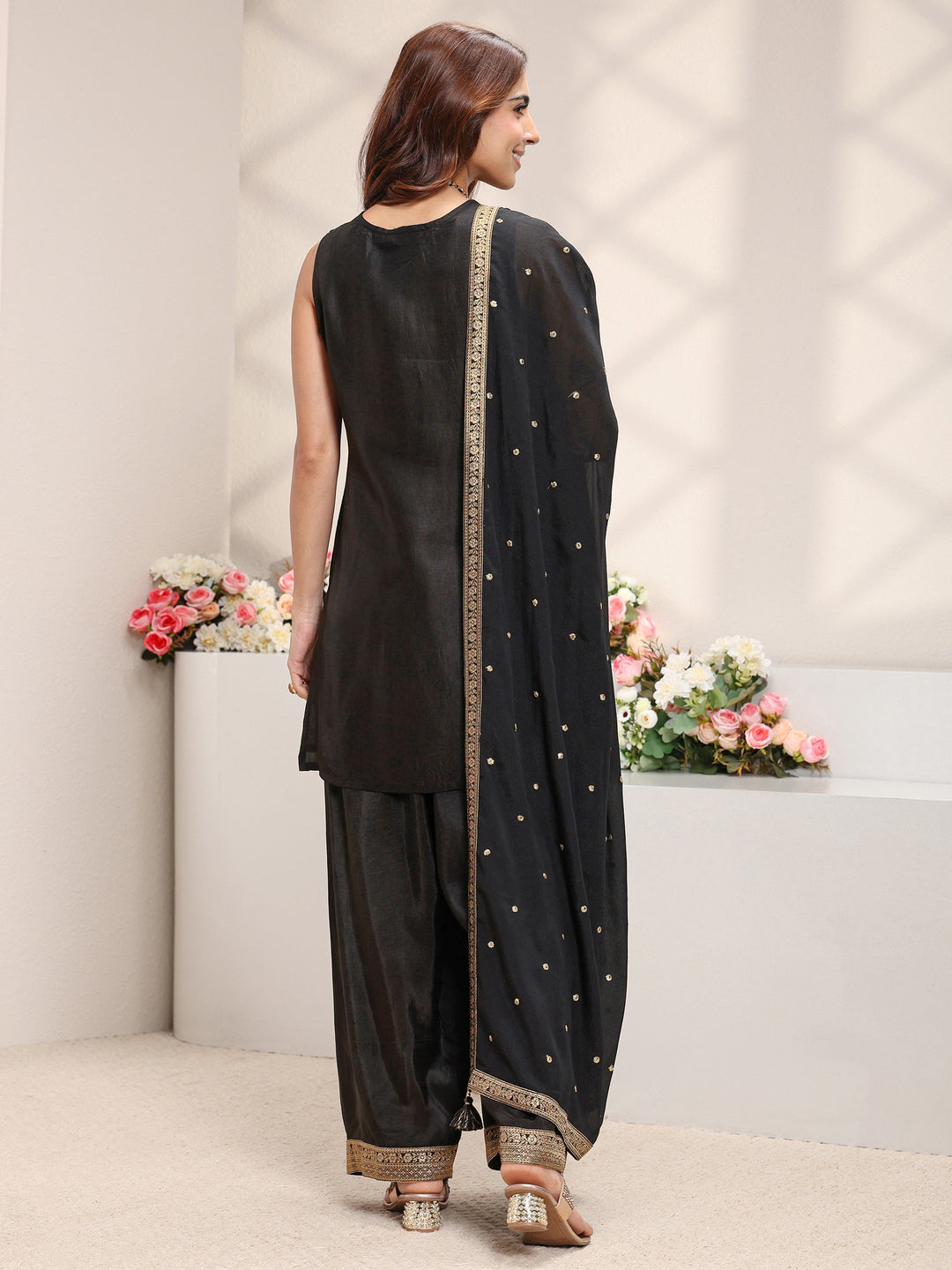 Black Floral Woven Design Silk Blend Straight Suit Set With Dupatta