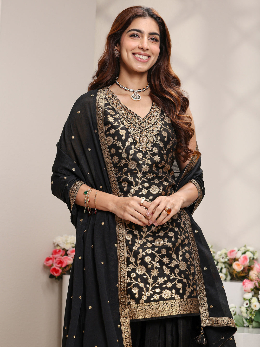 Black Floral Woven Design Silk Blend Straight Suit Set With Dupatta