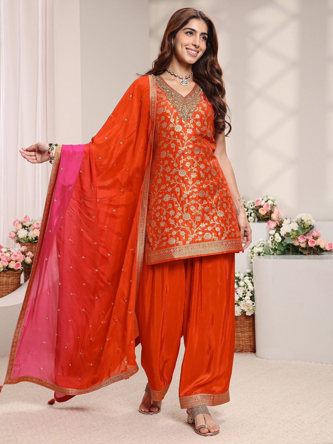 Orange Floral Woven Design Silk Blend Straight Suit Set With Dupatta