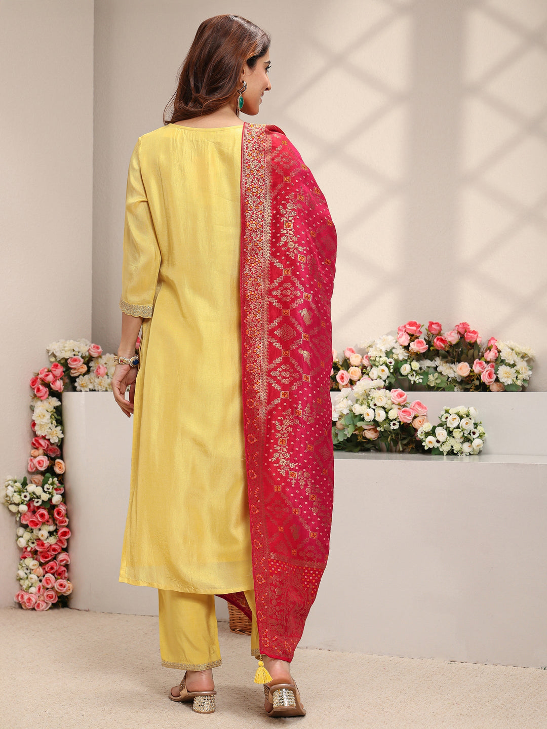 Yellow Embellished Silk Blend Straight Suit Set With Dupatta