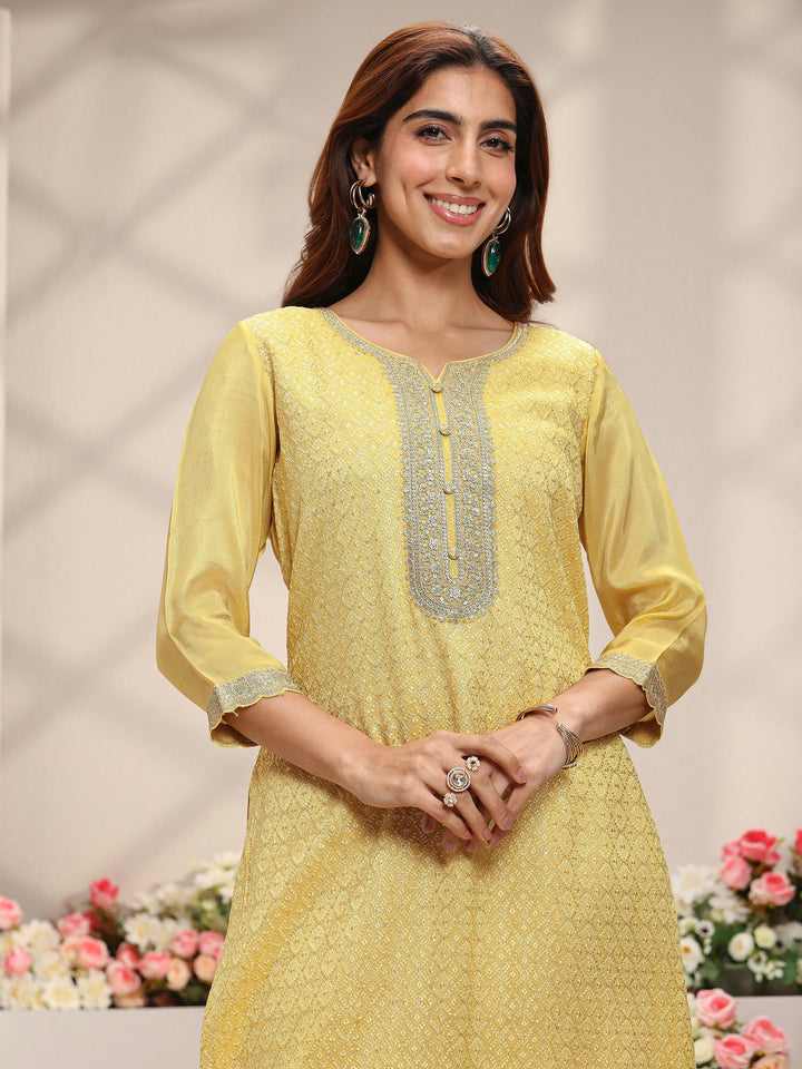 Yellow Embellished Silk Blend Straight Suit Set With Dupatta