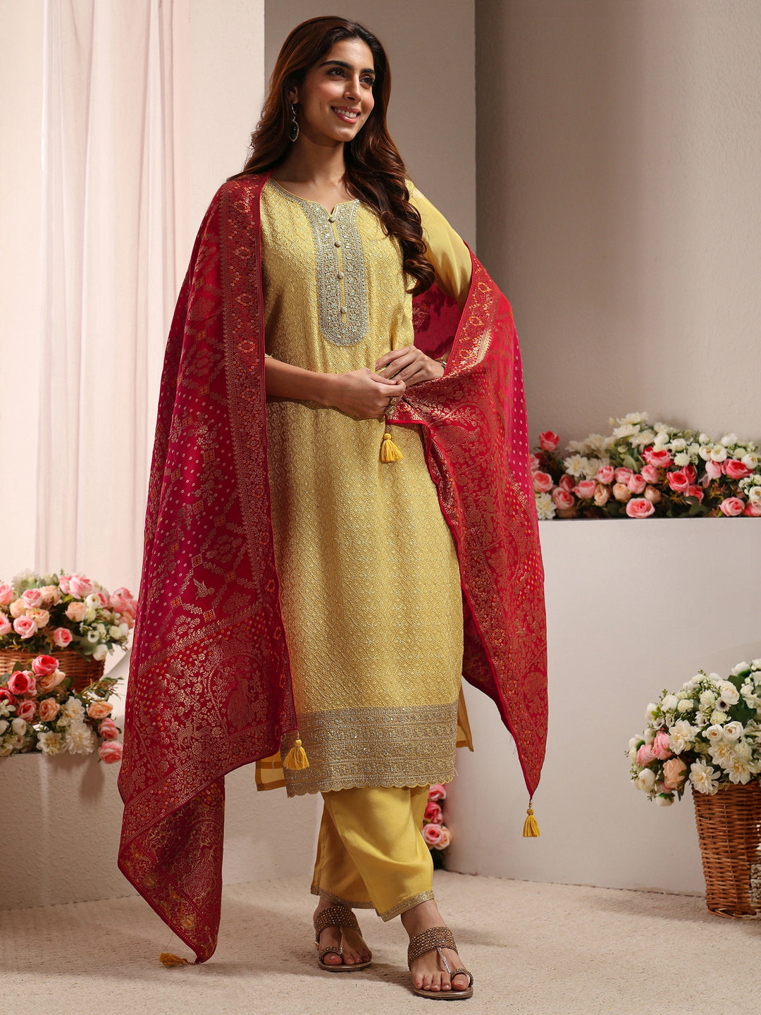 Yellow Embellished Silk Blend Straight Suit Set With Dupatta