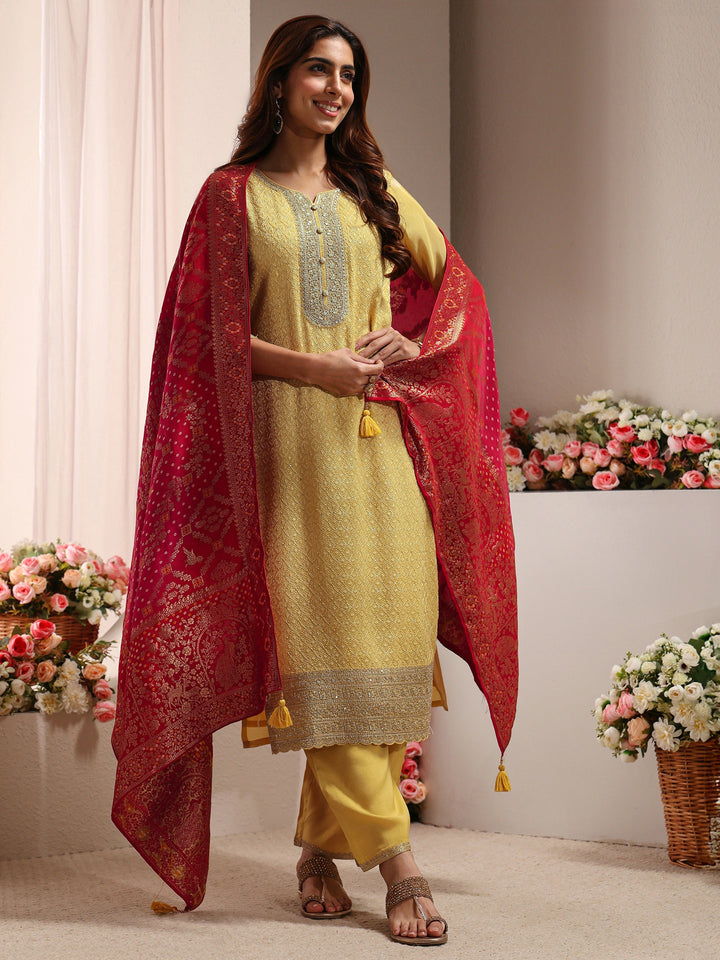 Yellow Embellished Silk Blend Straight Suit Set With Dupatta