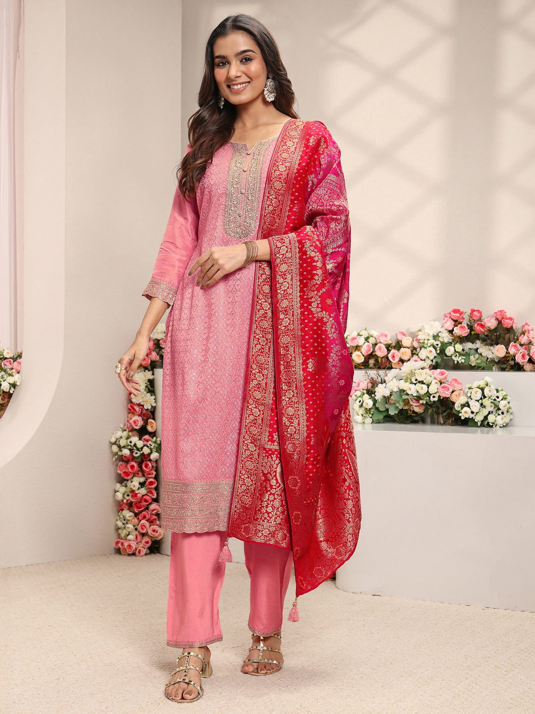 Pink Embellished Silk Blend Straight Suit Set With Dupatta