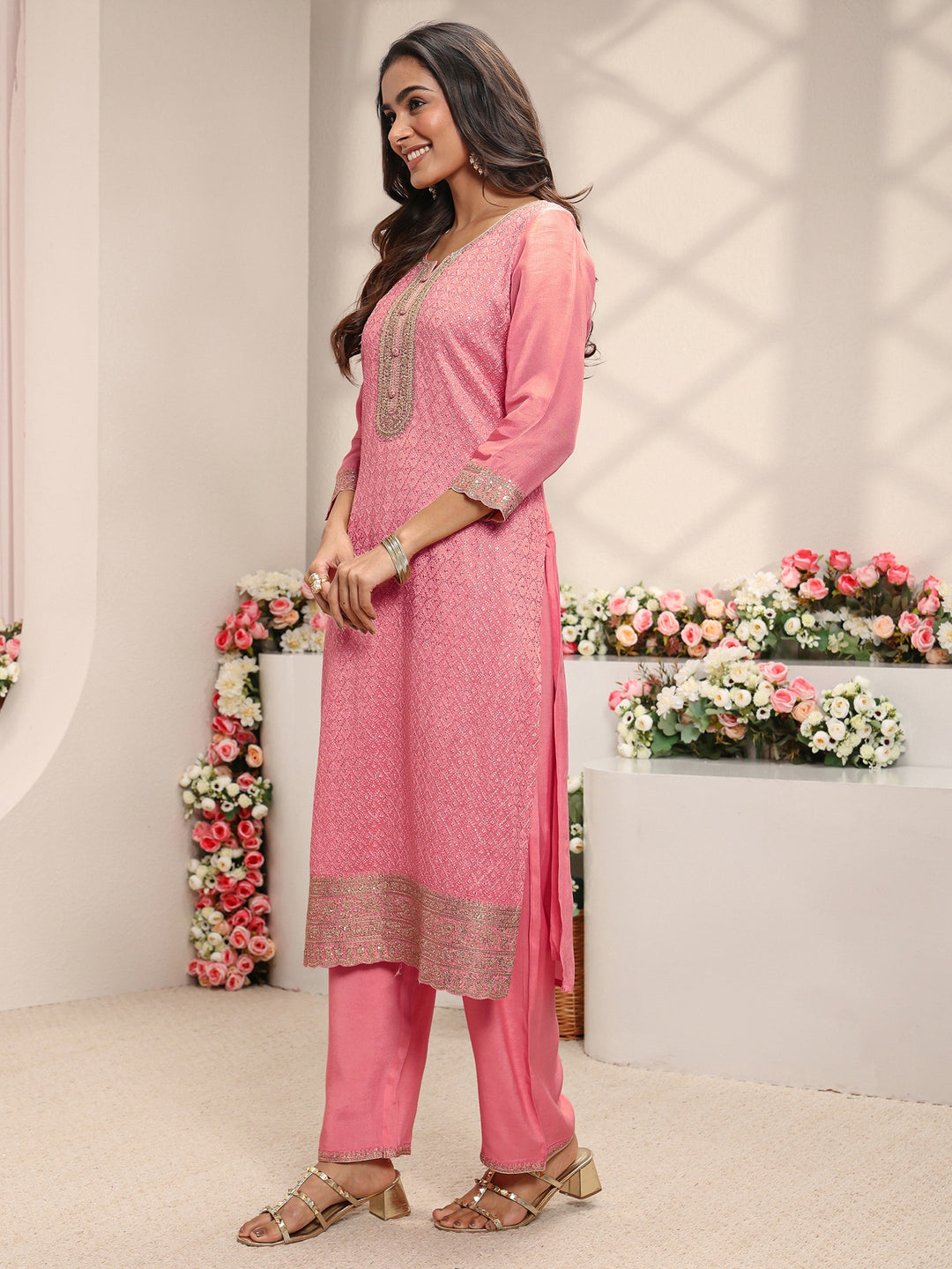 Pink Embellished Silk Blend Straight Suit Set With Dupatta