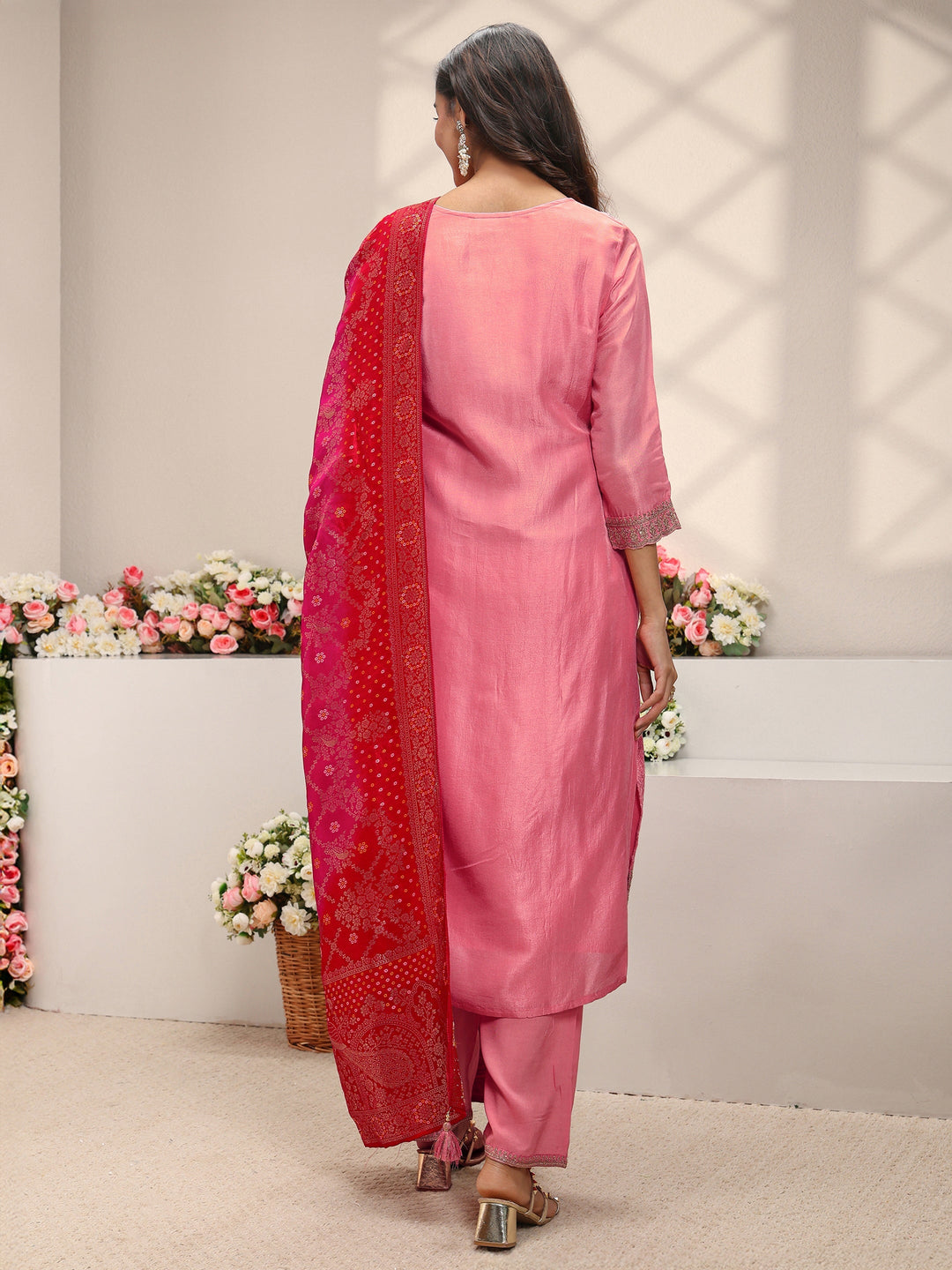Pink Embellished Silk Blend Straight Suit Set With Dupatta