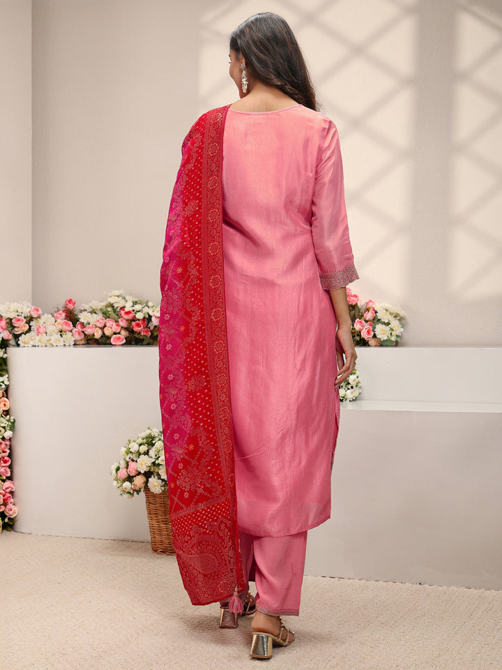 Pink Embellished Silk Blend Straight Suit Set With Dupatta