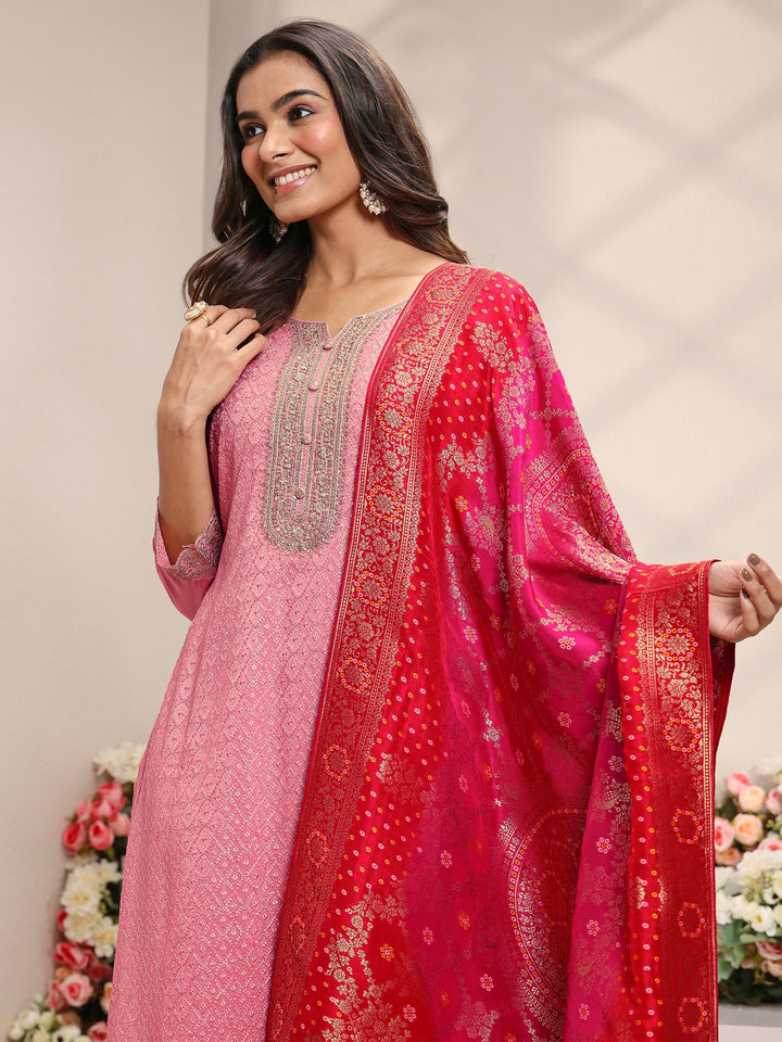 Pink Embellished Silk Blend Straight Suit Set With Dupatta