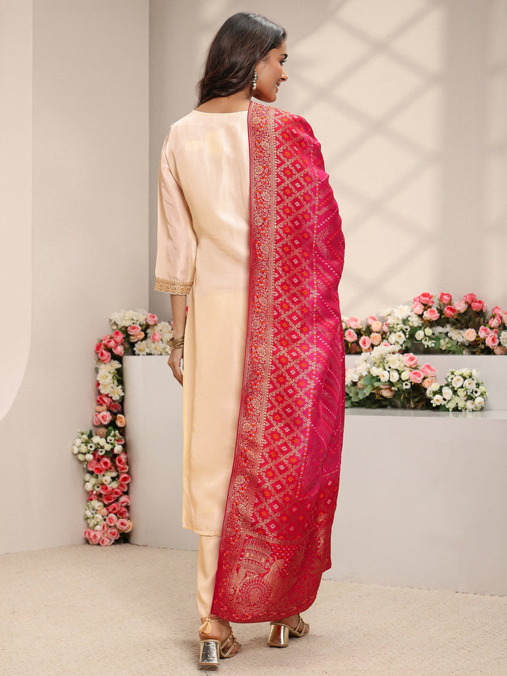 Ivory Embellished Silk Blend Straight Suit Set With Dupatta