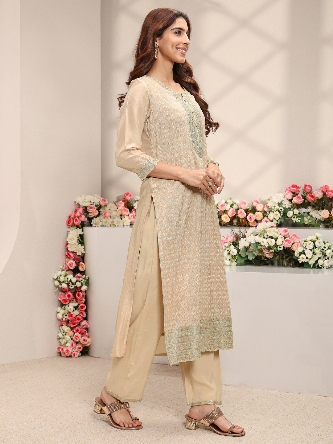 Beige Embellished Silk Blend Straight Suit Set With Dupatta
