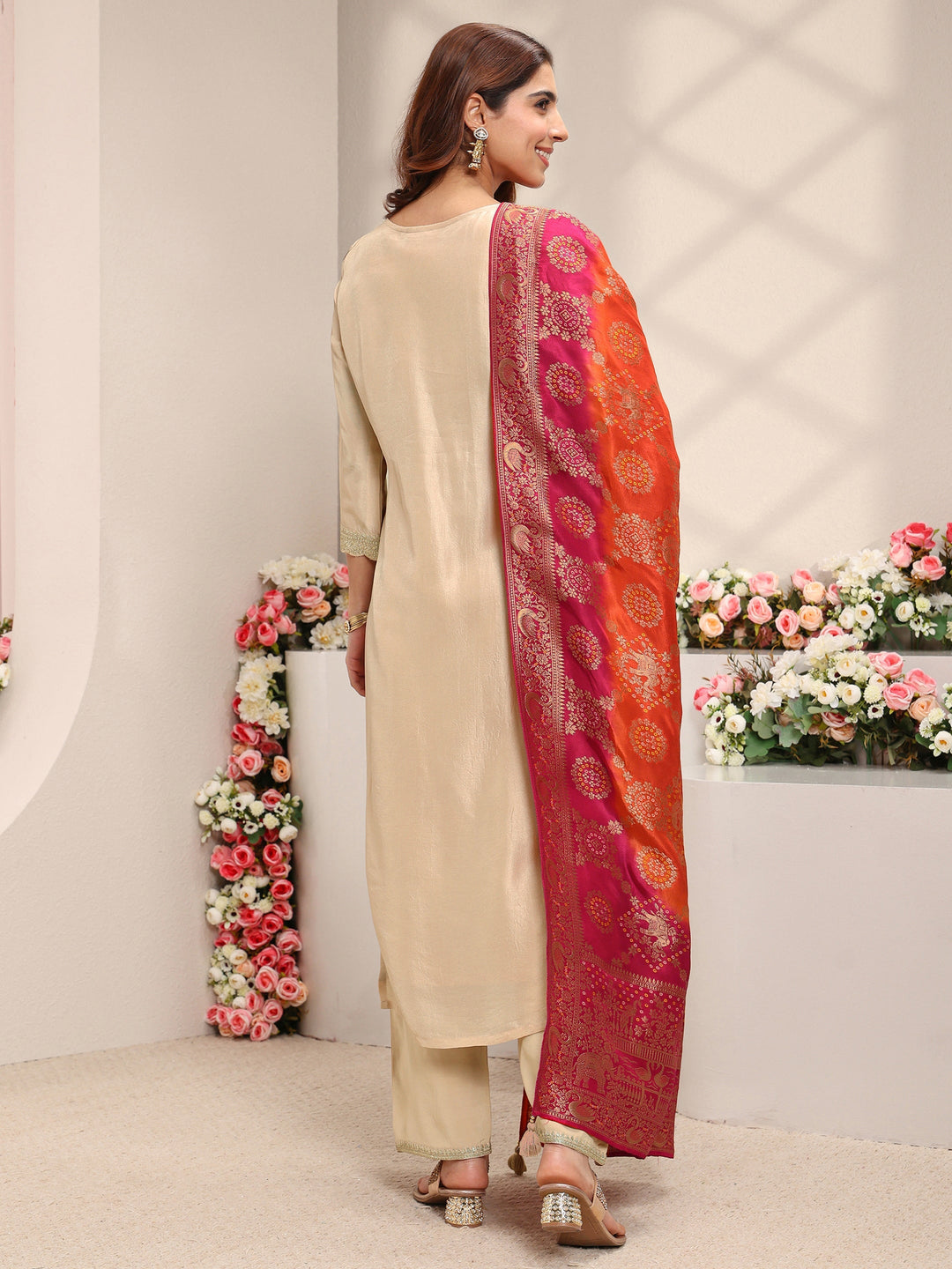 Beige Embellished Silk Blend Straight Suit Set With Dupatta