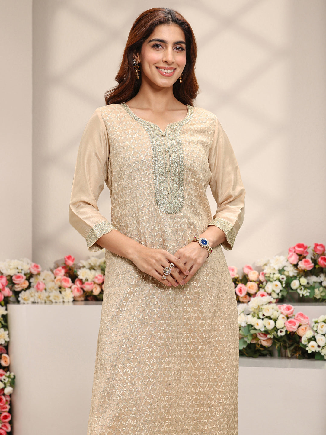 Beige Embellished Silk Blend Straight Suit Set With Dupatta