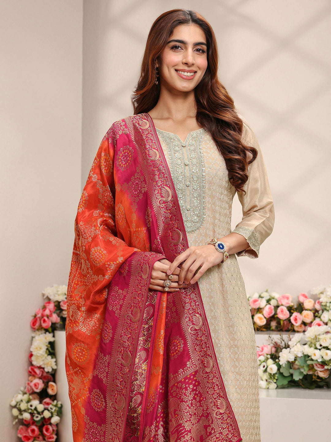 Beige Embellished Silk Blend Straight Suit Set With Dupatta