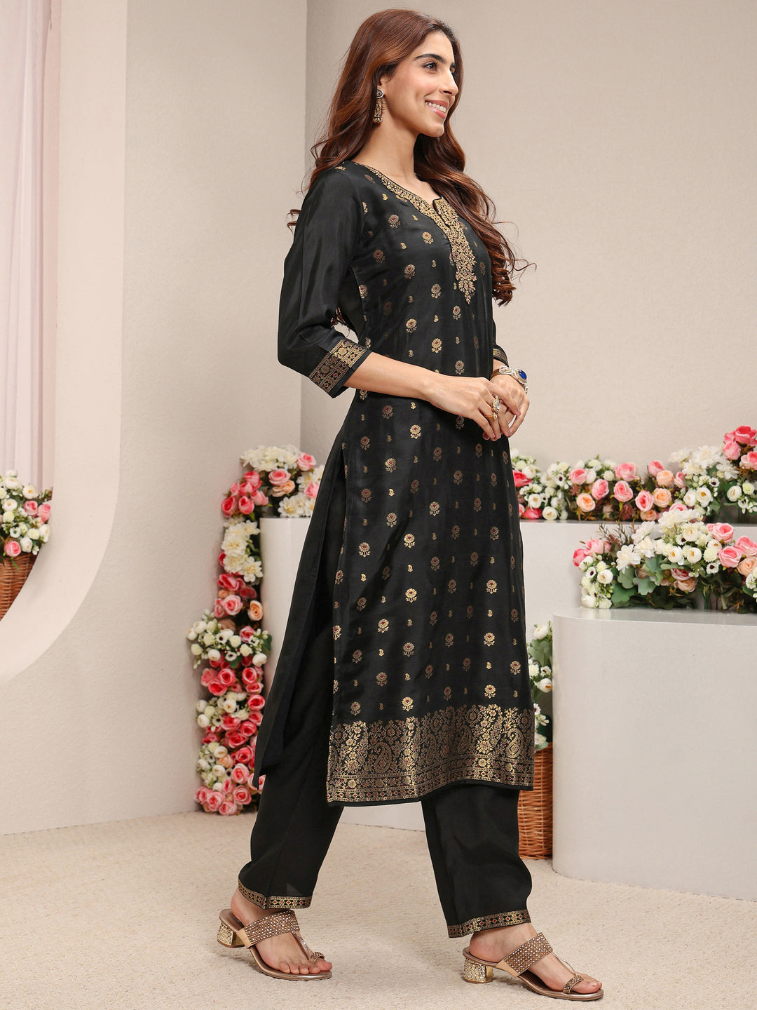 Black Floral Woven Design Silk Blend Straight Suit Set With Dupatta