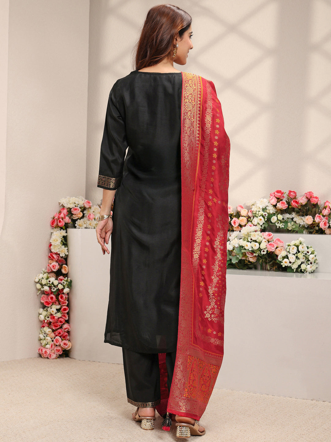 Black Floral Woven Design Silk Blend Straight Suit Set With Dupatta