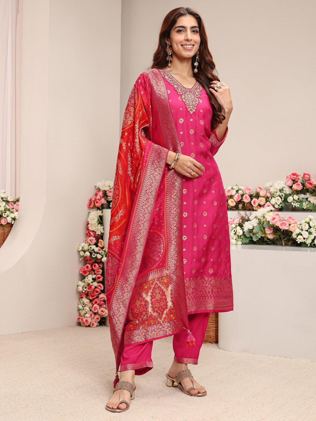 Pink Woven Design Silk Blend Straight Suit Set With Dupatta