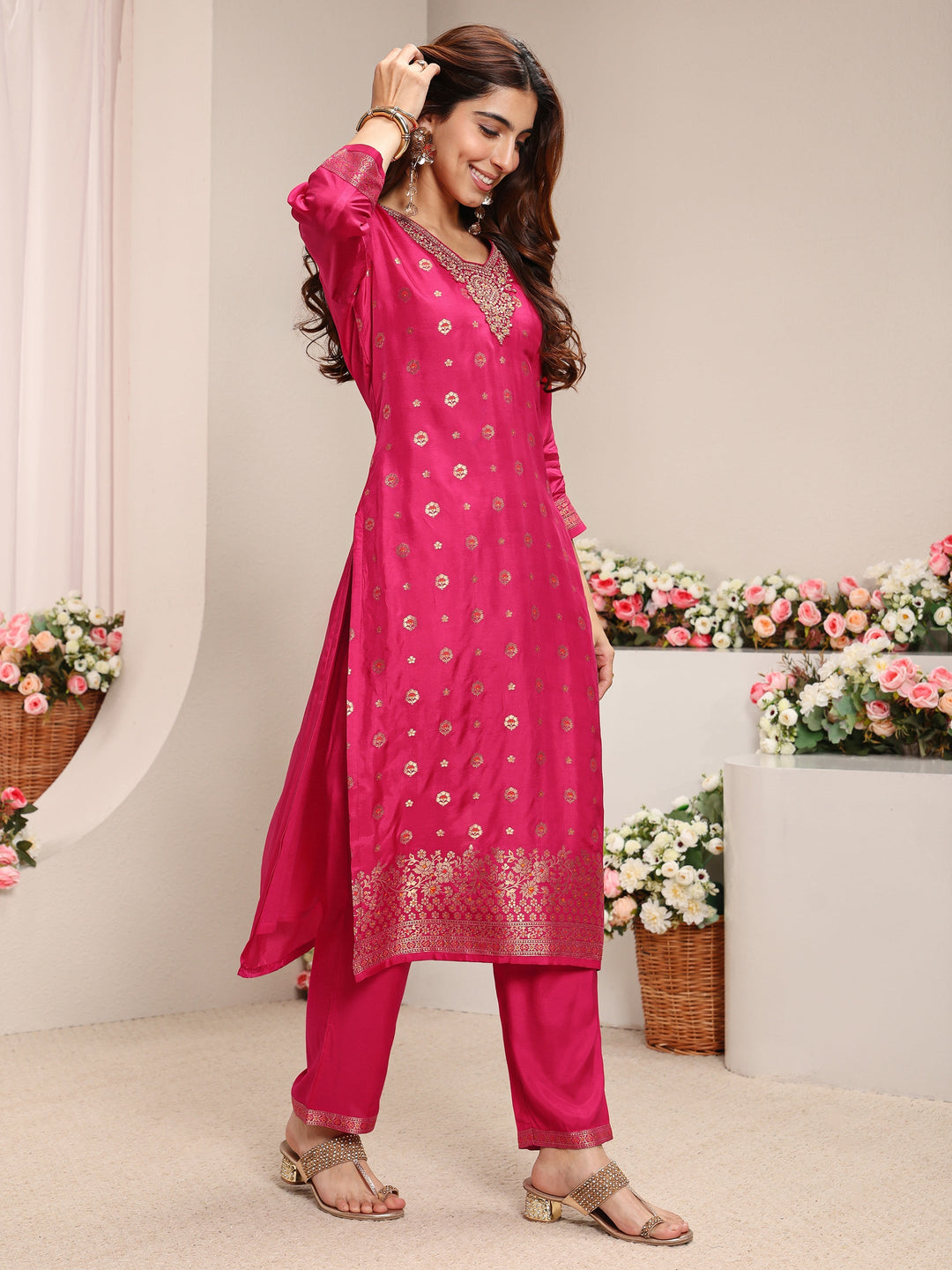Pink Woven Design Silk Blend Straight Suit Set With Dupatta