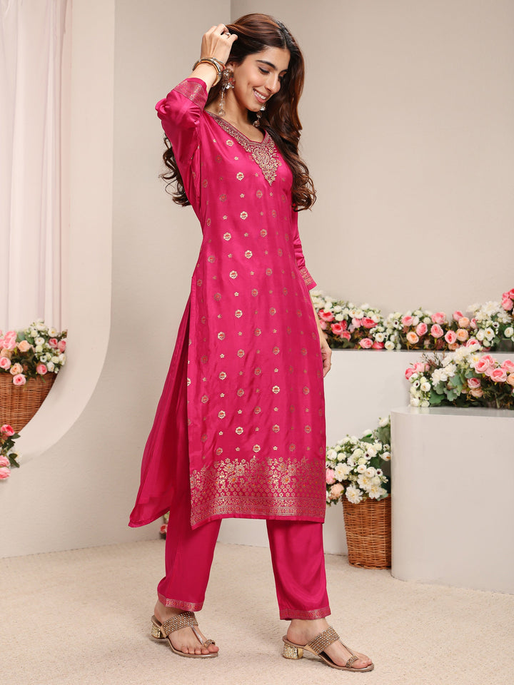 Pink Woven Design Silk Blend Straight Suit Set With Dupatta