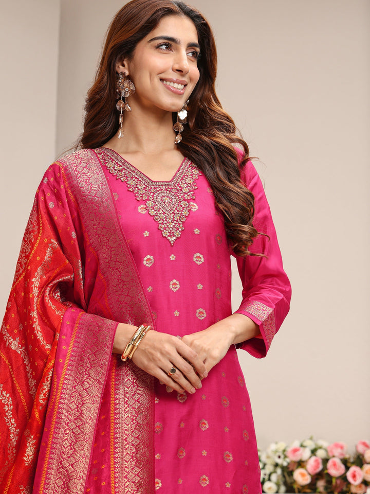 Pink Woven Design Silk Blend Straight Suit Set With Dupatta
