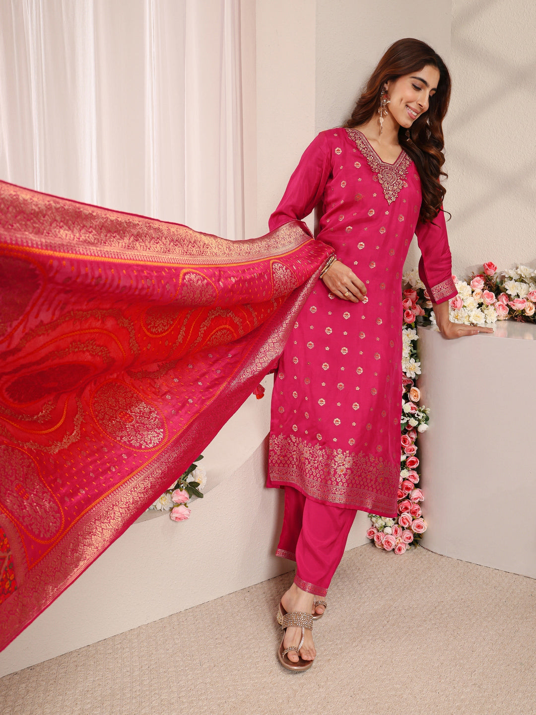 Pink Woven Design Silk Blend Straight Suit Set With Dupatta