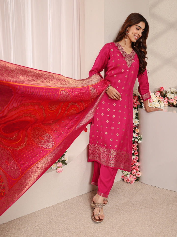 Pink Woven Design Silk Blend Straight Suit Set With Dupatta