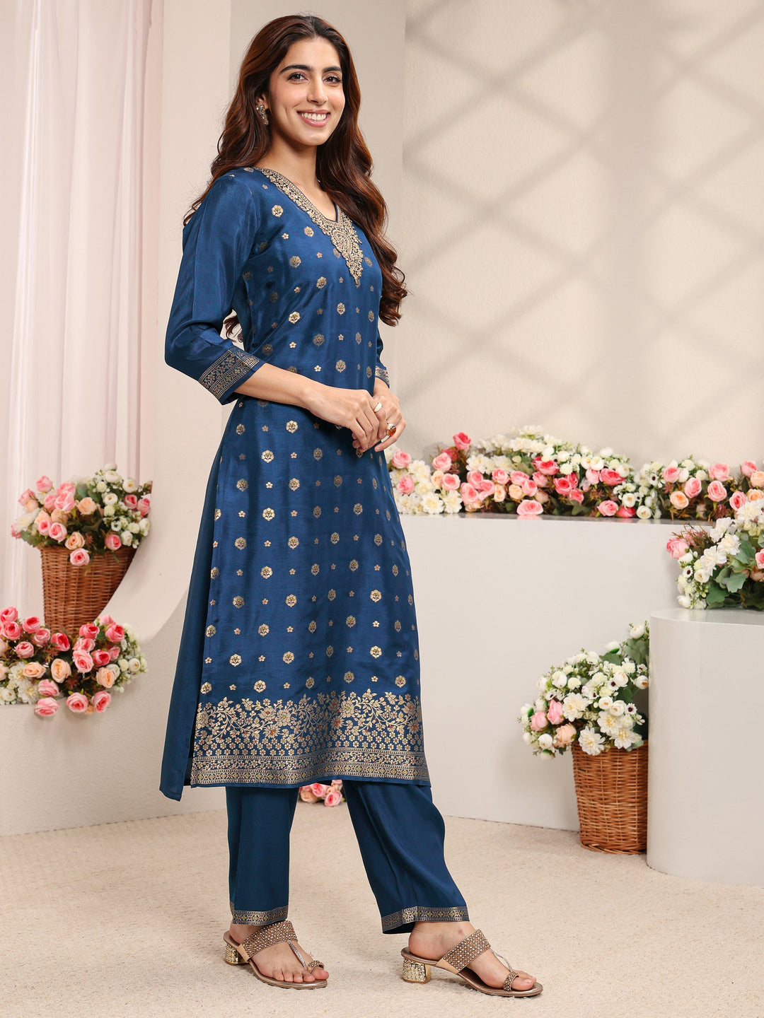 Blue Woven Design Silk Blend Straight Suit Set With Dupatta