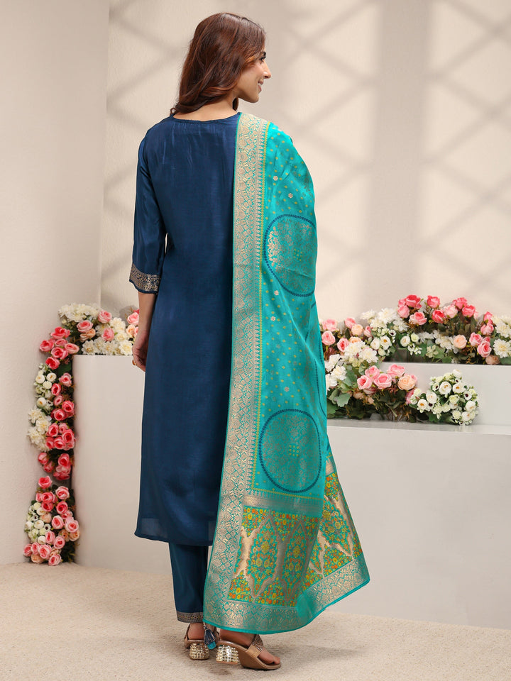 Blue Woven Design Silk Blend Straight Suit Set With Dupatta