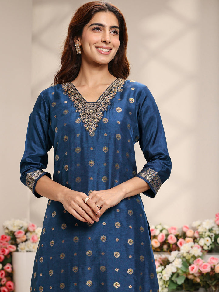Blue Woven Design Silk Blend Straight Suit Set With Dupatta