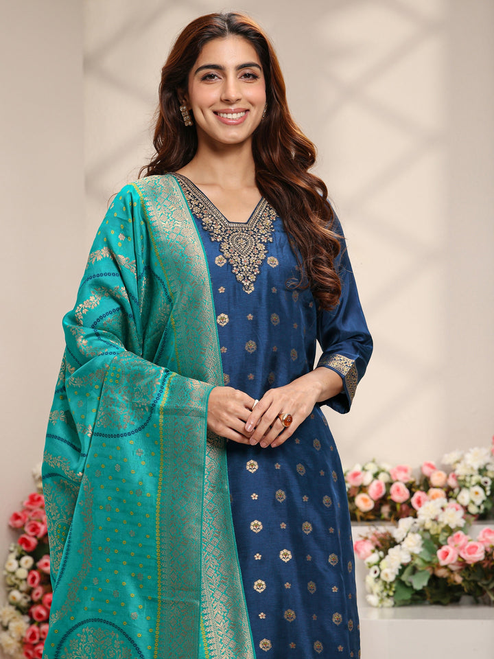 Blue Woven Design Silk Blend Straight Suit Set With Dupatta