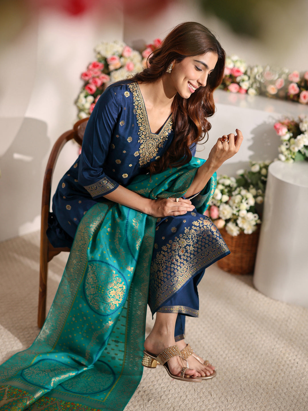 Blue Woven Design Silk Blend Straight Suit Set With Dupatta