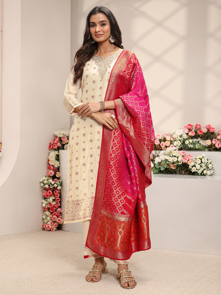 Ivory Woven Design Silk Blend Straight Suit Set With Dupatta