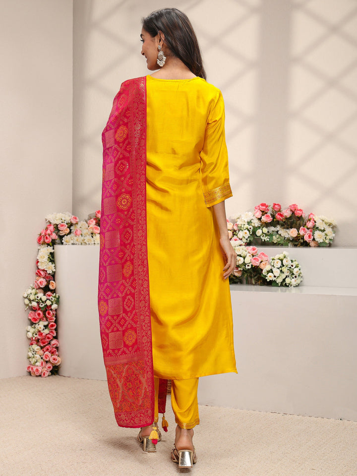 Mustard Floral Woven Design Silk Blend Straight Suit Set With Dupatta
