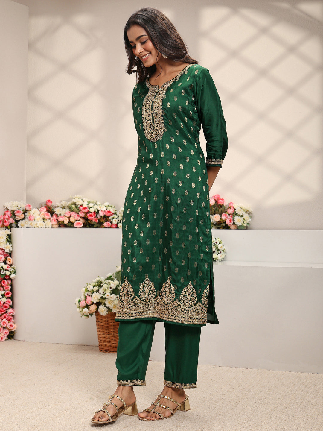Green Woven Design Silk Blend Straight Suit Set With Dupatta