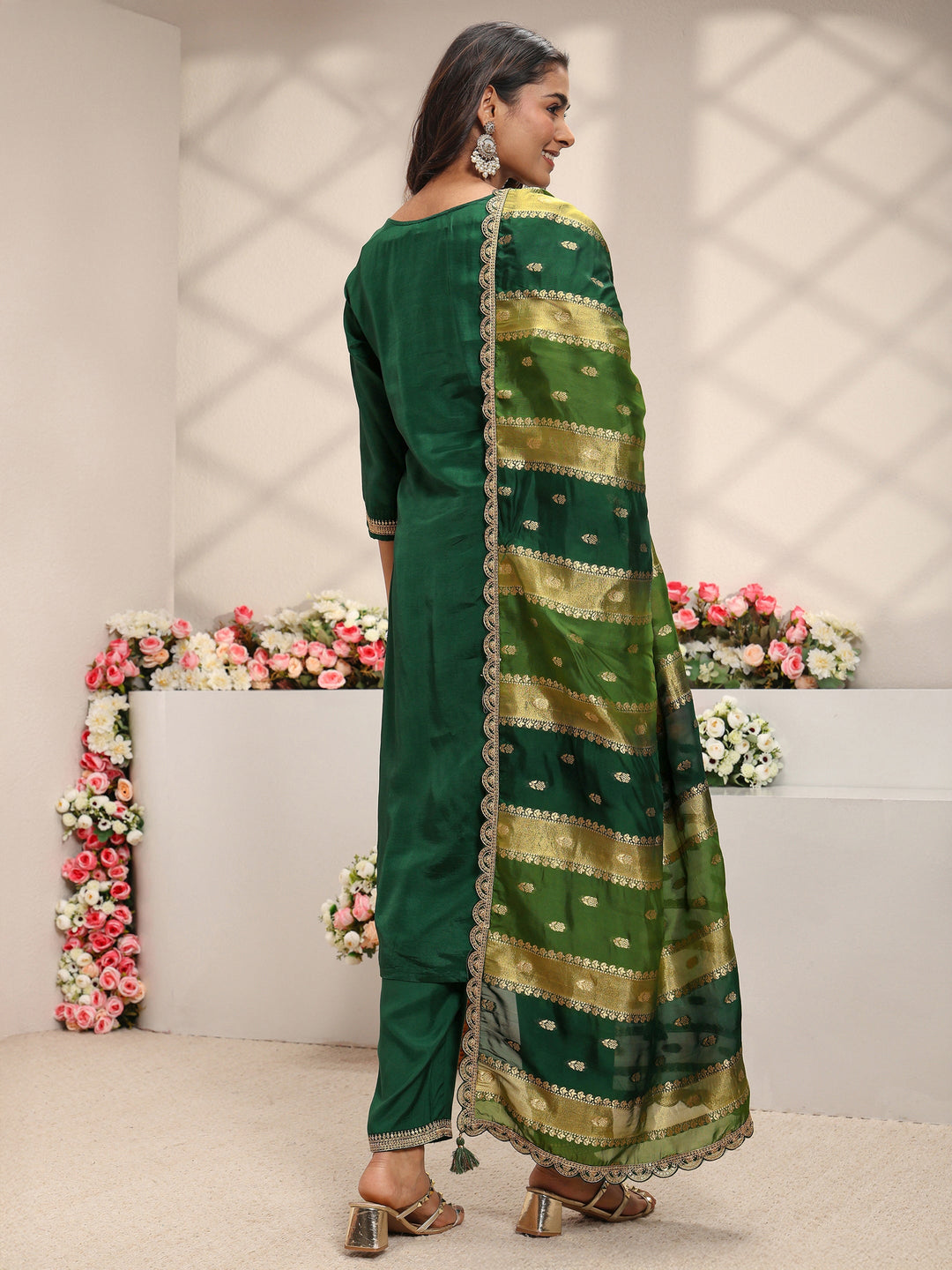 Green Woven Design Silk Blend Straight Suit Set With Dupatta