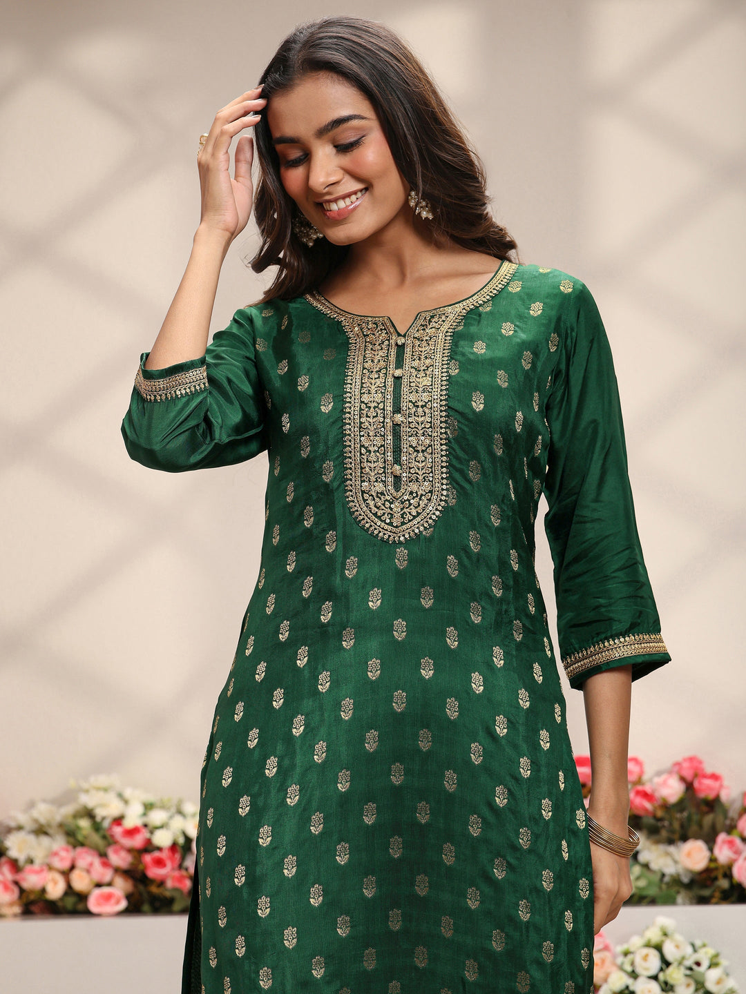 Green Woven Design Silk Blend Straight Suit Set With Dupatta