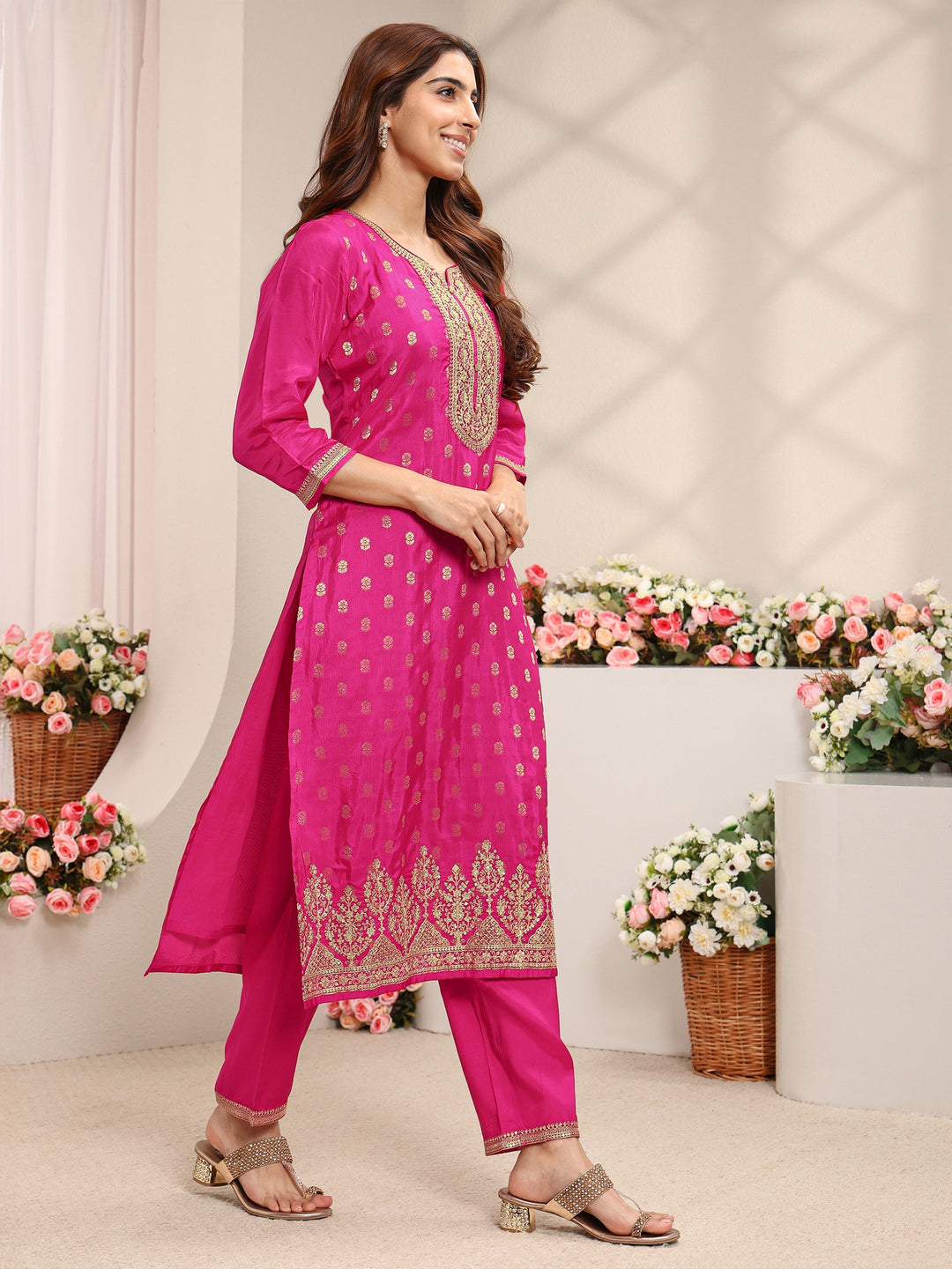 Pink Woven Design Silk Blend Straight Suit Set With Dupatta