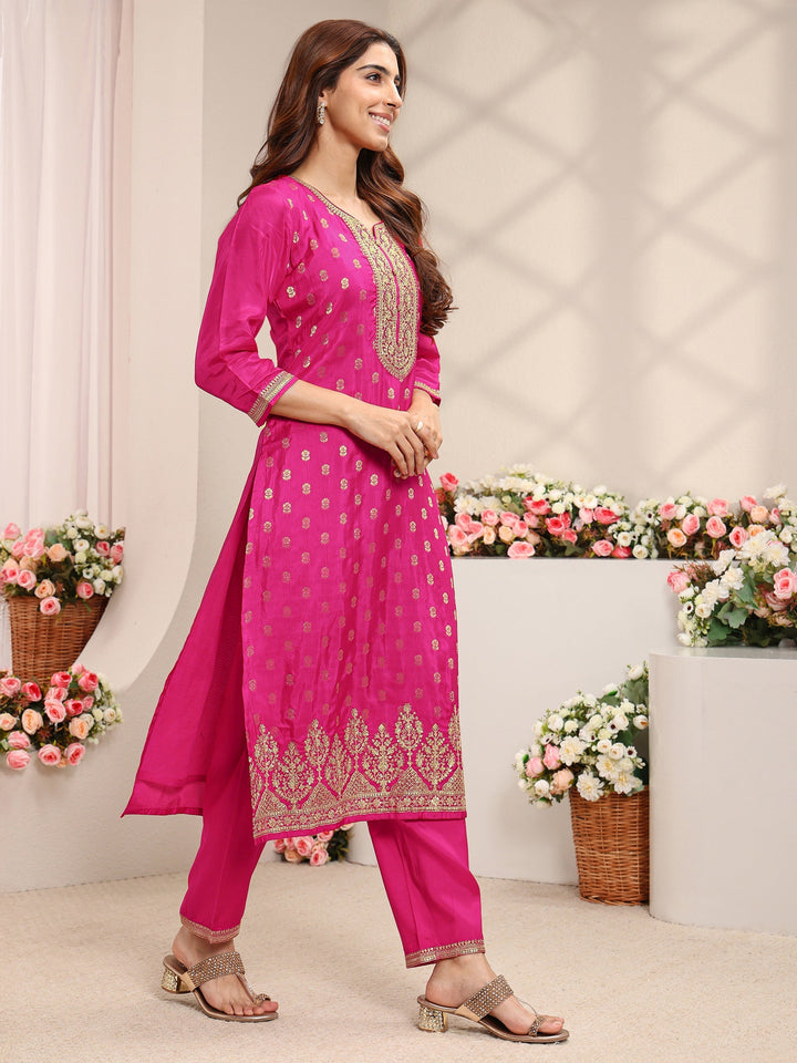 Pink Woven Design Silk Blend Straight Suit Set With Dupatta
