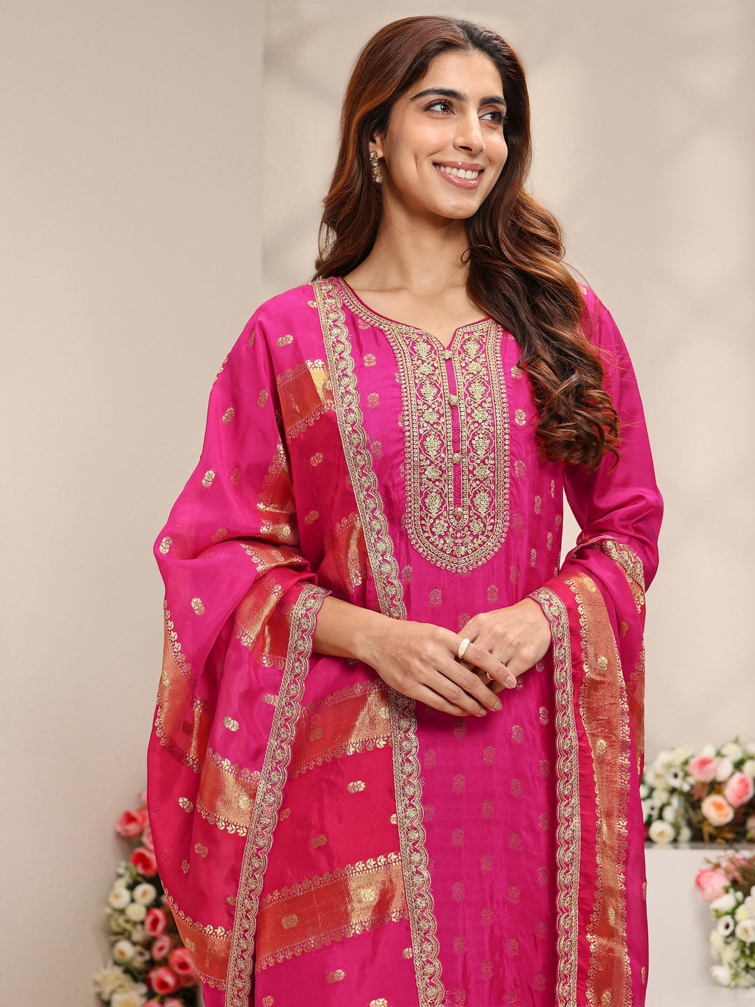 Pink Woven Design Silk Blend Straight Suit Set With Dupatta